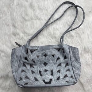 Leaders Leather tooled cut out shoulder tote handbag gray floral pattern purse
